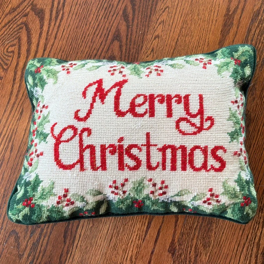 Merry Christmas Needlepoint Pillow Holly Berry Gold Metallic Velvet Back 15x11